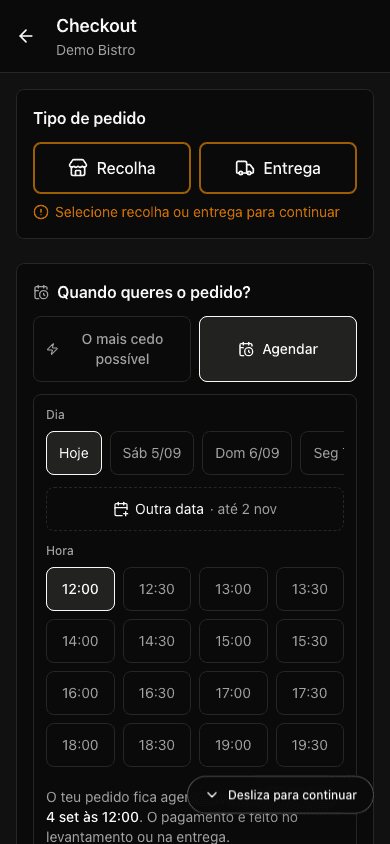 Seletor de dia e hora no checkout, no telemóvel