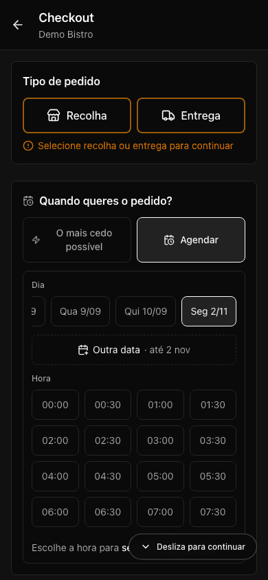 Dia distante escolhido por «Outra data», com a hora ainda por escolher