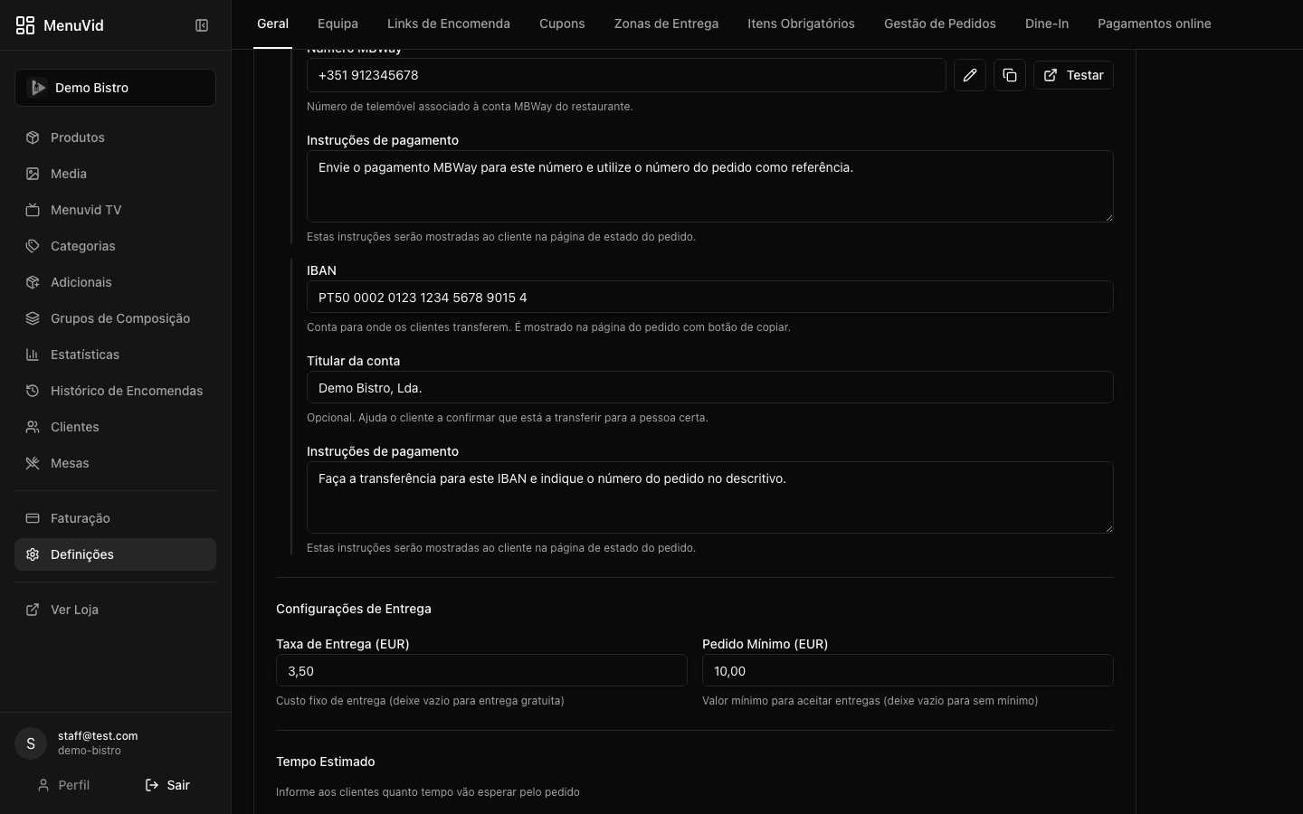 Tabela de métodos de pagamento nas definições, com os dados do MB Way e da transferência