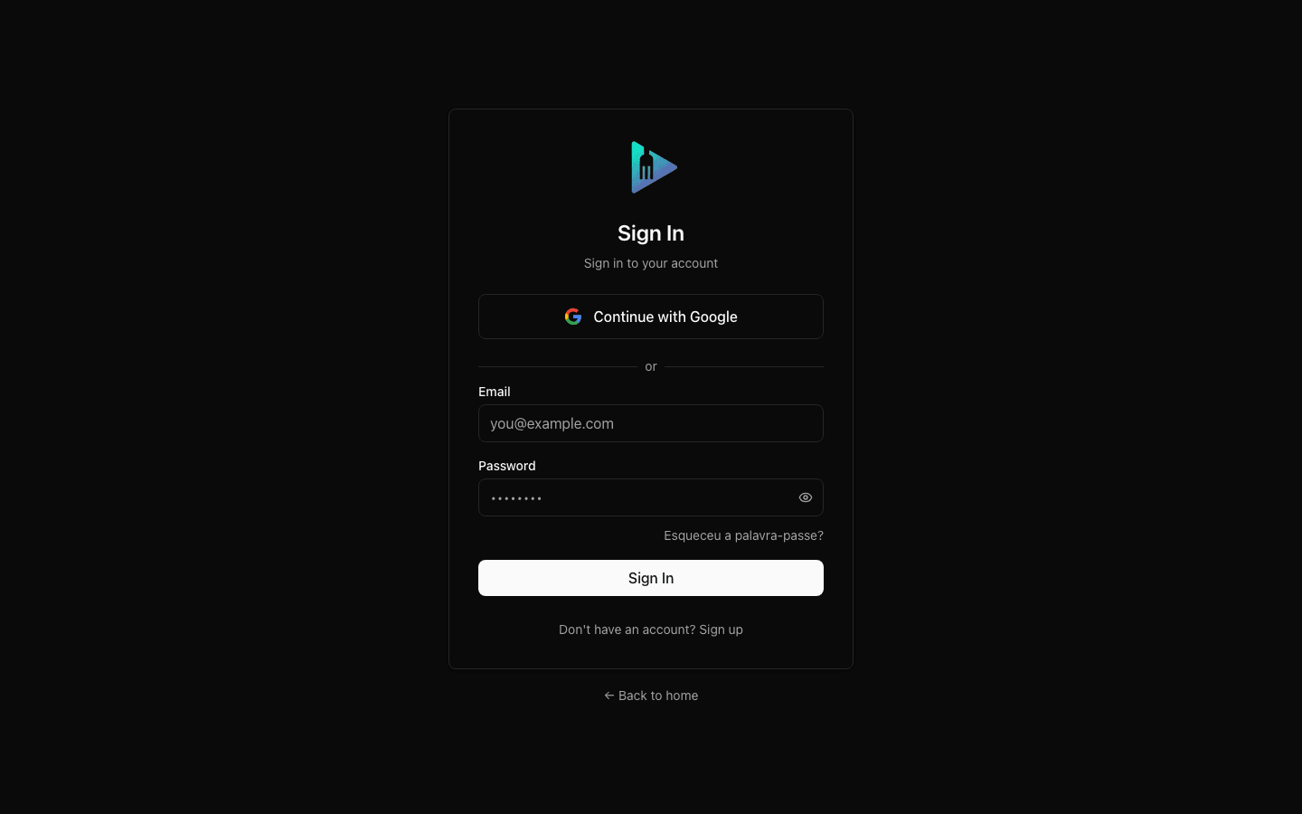 Ecrã de entrada do Menuvid com campos de email e palavra-passe