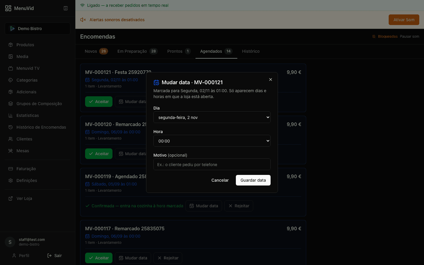 Diálogo «Mudar data» de uma encomenda agendada, no painel web